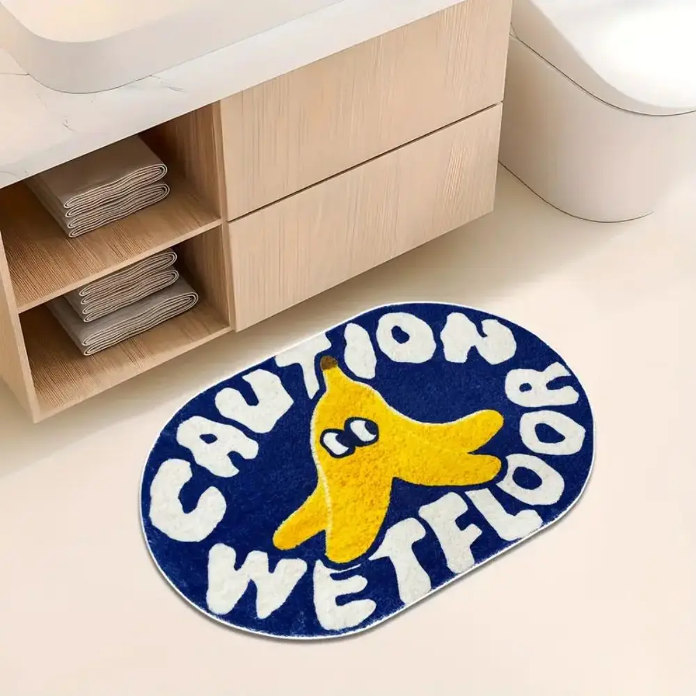Cute Banana Caution Wet‑Floor Shaggy Bath Mat Funny Cartoon Oval Fluffy Rug Non‑Slip Absorbent Bathroom Entrance Floor Doormat H