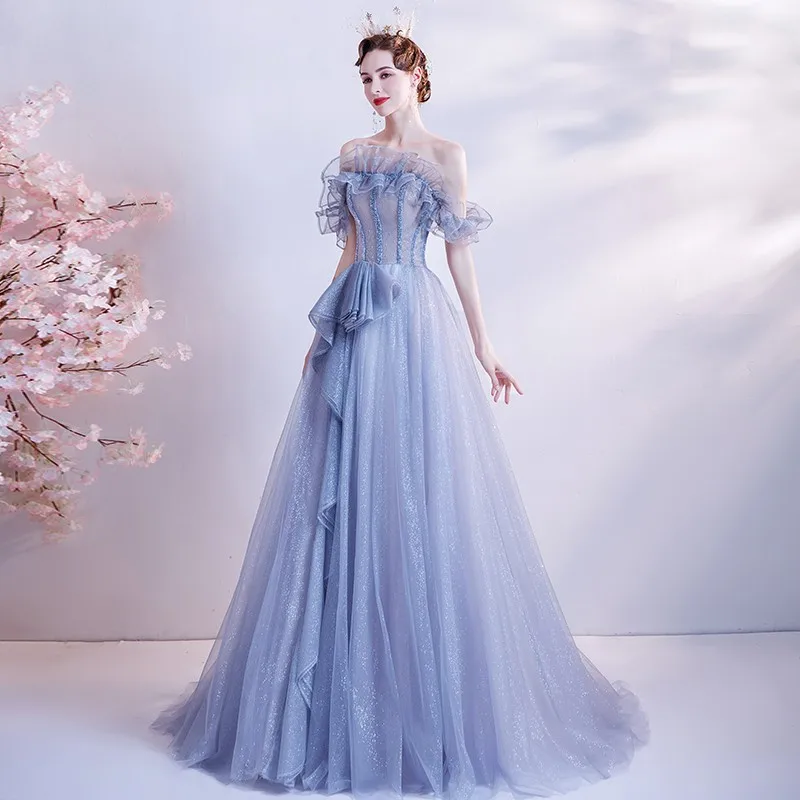 New bridal banquet long dress host gradient blue bright starlight Catwalk evening dress  Formal dress women elegant shiny dress