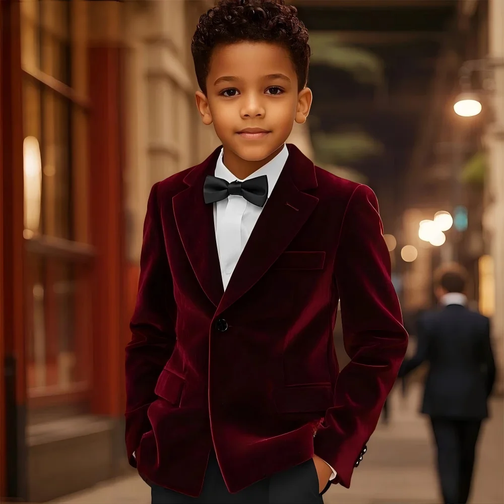 

Burgundy Velvet Boys Suits 2 Piece Jacket Pants Piano Performance Outfit Elegant Notched Lapel Kids Wedding Party Suit Set 2-16T