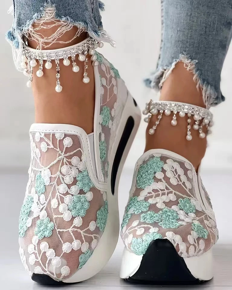 Baskets en Maille Brodée Florale pour Femme, Chaussures à Talons Confortables et Décontractées