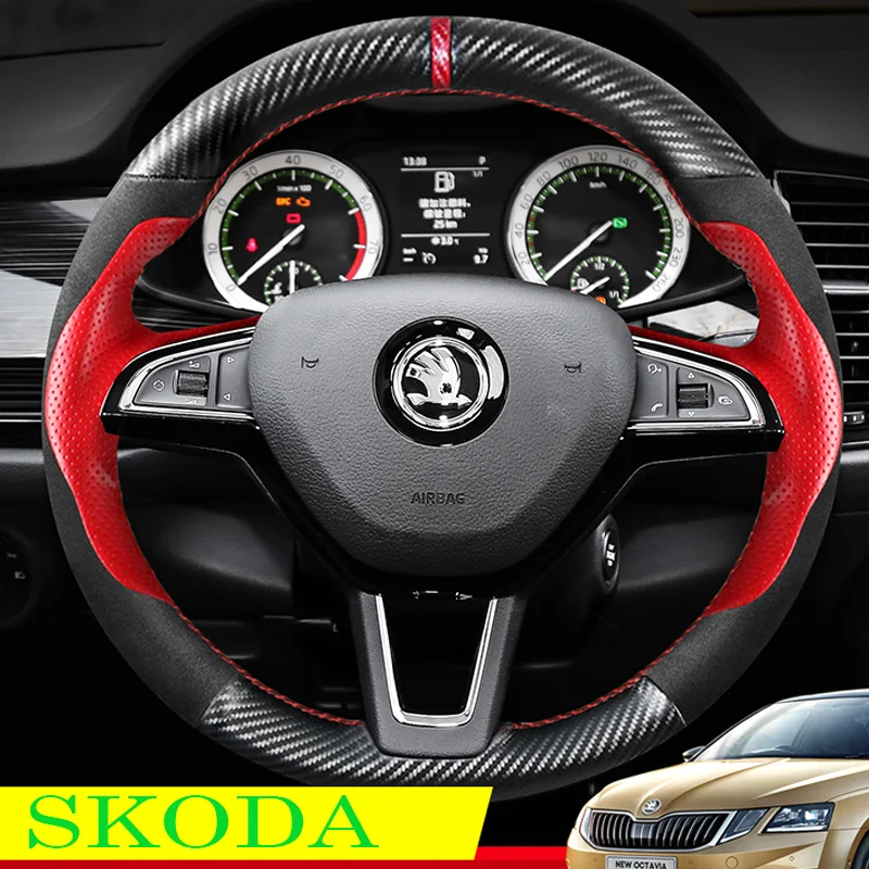

Braid Red Mark Leather Carbon Fiber Steering Wheel Cover for Skoda Octavia Fabia Rapid Spaceback Superb 2016 2017