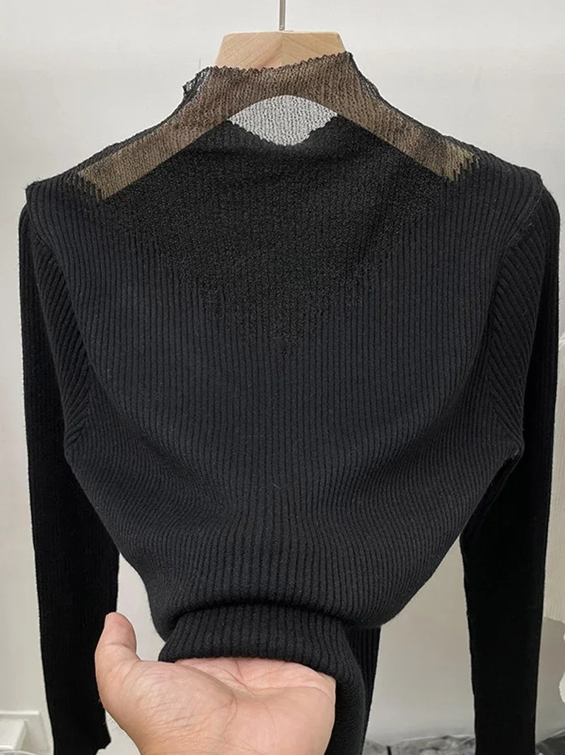 Autumn and Winter Fashion Mesh Stitching Pullover Fashion Tops 2022 Women Thickened Turtleneck Sweater Knitted Bottoming Shirt