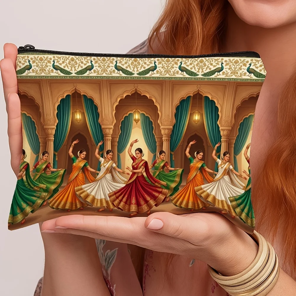 Vintage Indian Palace Dancers Peacock Border Ethnic Art Cosmetic Bag Portable Travel Makeup Pouch Ladies Toiletry Storage Gift