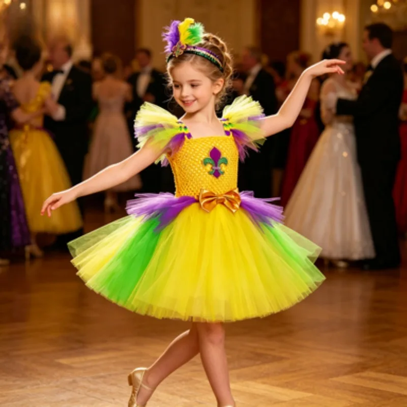 Girls' Sequined Feather Dress,  Elegant Festival Gown for Halloween Parties & Dances,  Stylish Breathable Tulle Tutu Dress