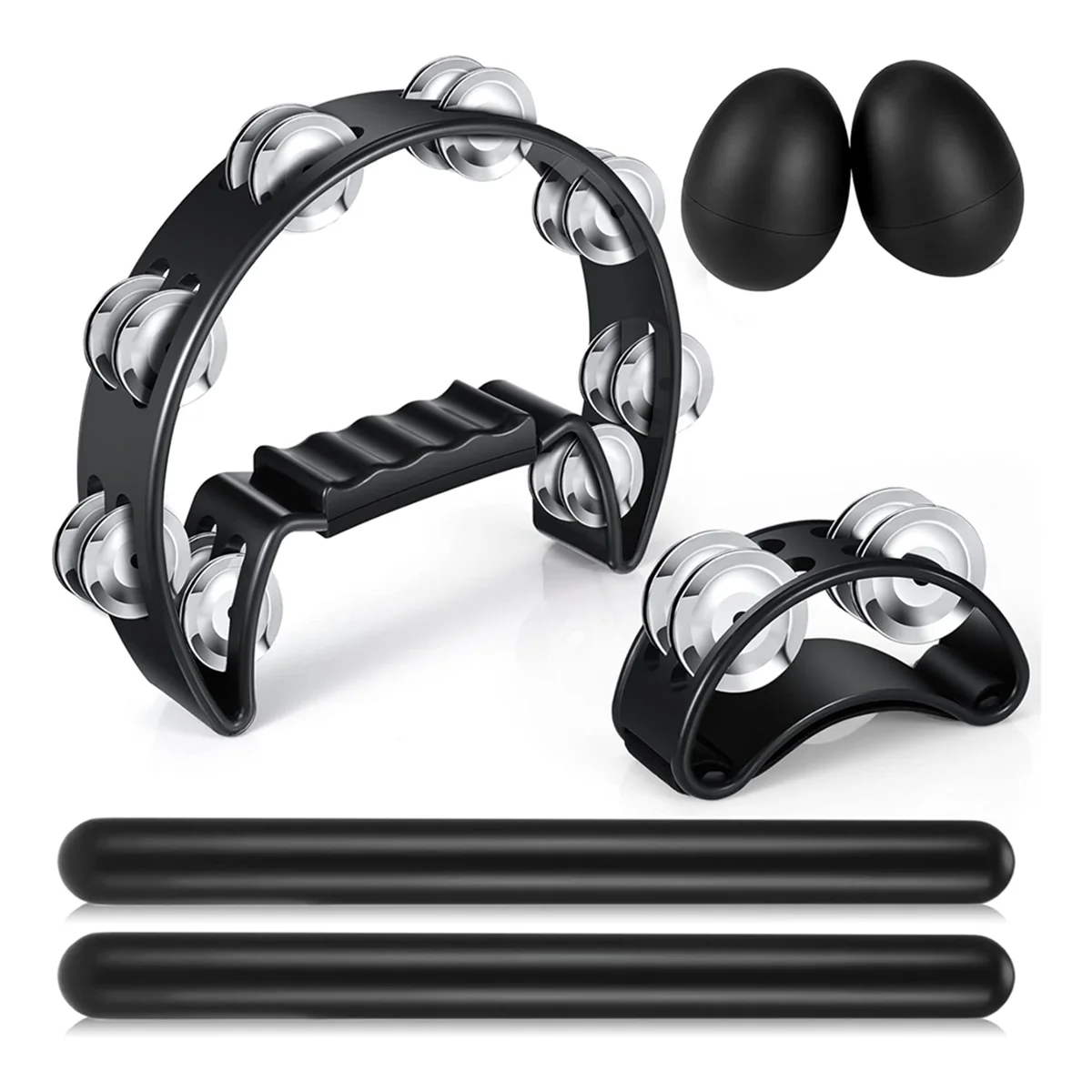 A59T 6 Pcs Tambourines, Hand Held Half Moon Tambourine with Rhythm Sticks Egg Shakers Musical Percussion Instrument Set