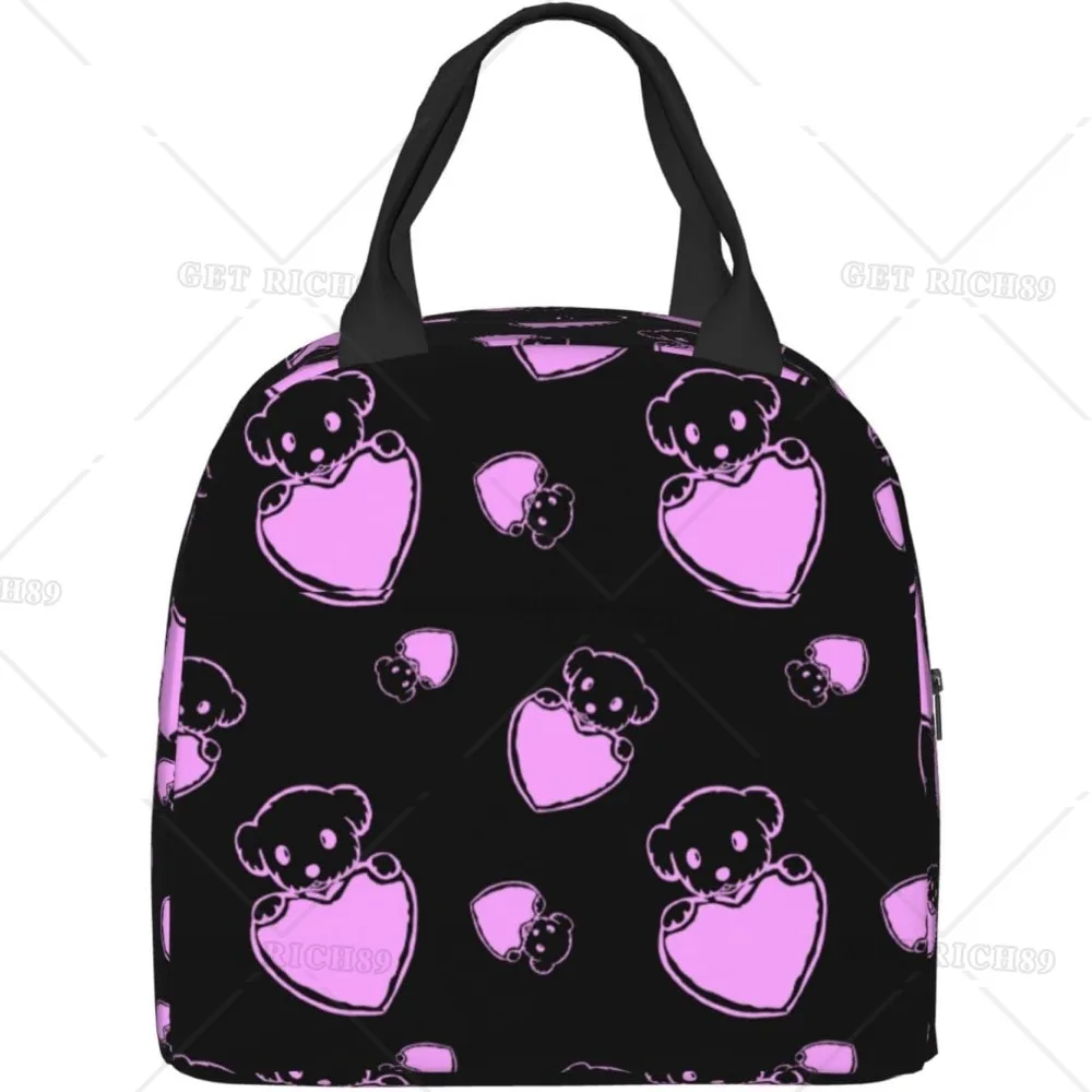 

Puppy and Heart on Black Lunch Bag for Women Men Valentine's Day Insulated Reusable Box with Pocket Zippers for Work School