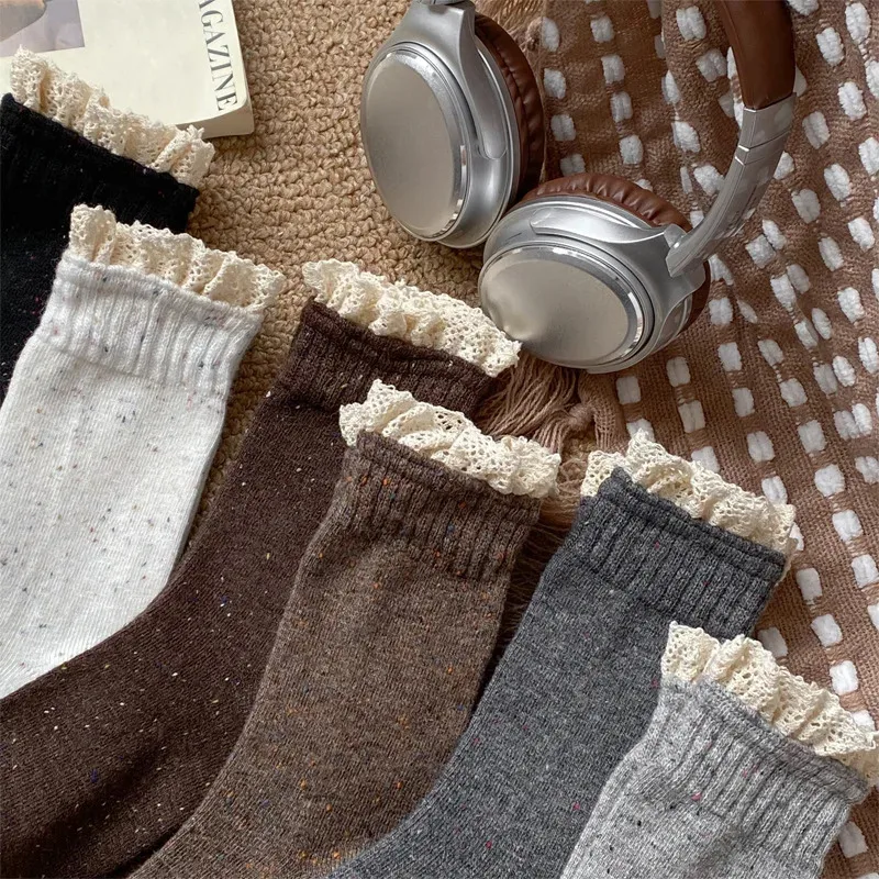 

Autumn and Winter Women's Socks Japanese Fashion Retro Mid-Calf Socks Harajuku Vintage Solid Color Lolita Kawaii Ruffled Socks