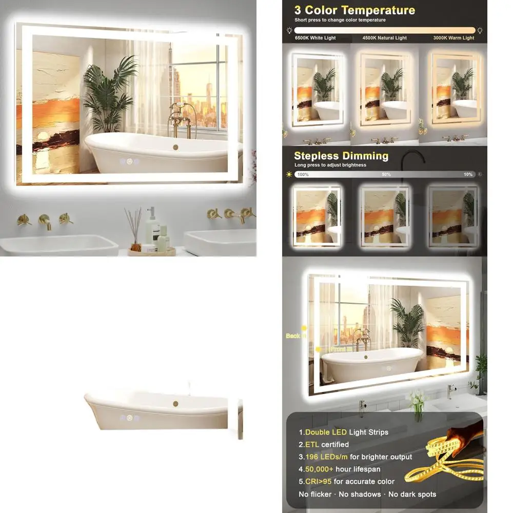 

Зеркало для ванной с подсветкой, 40x32 см, светодиодное, с передней и задней подсветкой, с функцией антизапотевания и умной памятью, 5 мм закаленное стекло, ETL C