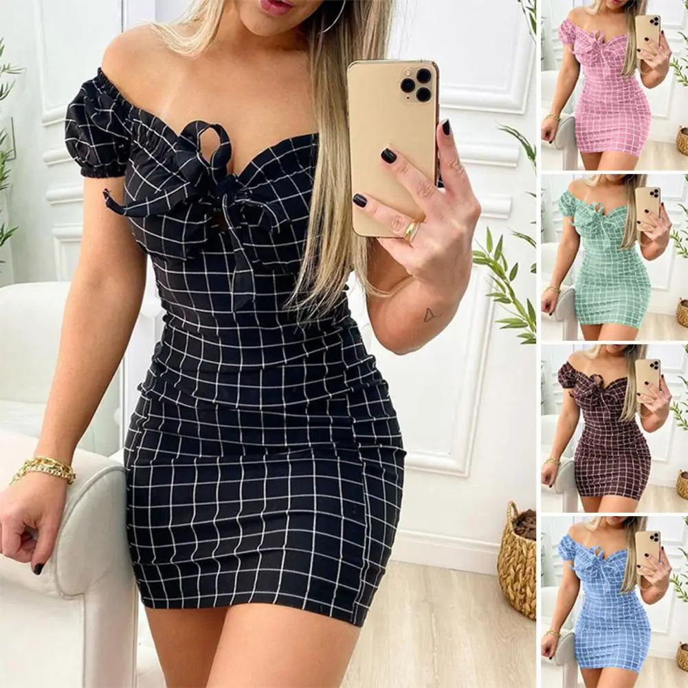 

Women Dress Plaid Print Sheath Dress Off Shoulder Slim Fit V Neck for Commute Dating Party Plaid Print Women Dress