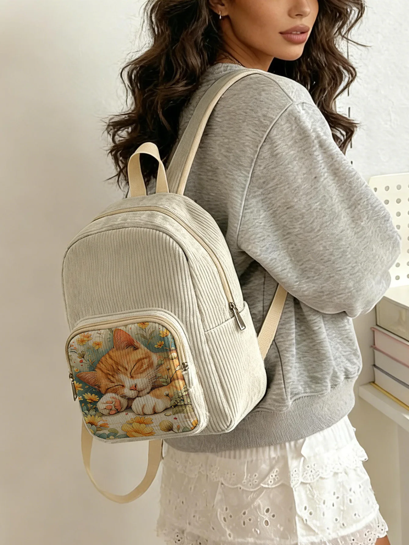 

Женский модный рюкзак с оранжевым котом и цветочным принтом, вельветовый, с множеством карманов, большой вместимости, для поездок на работу