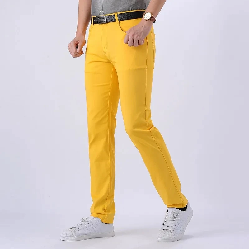 New High End Casual Men's Yellow Pants Trendy Slim Fit Elastic High Waist High Quality Fashion Versatile Business Travel Pants