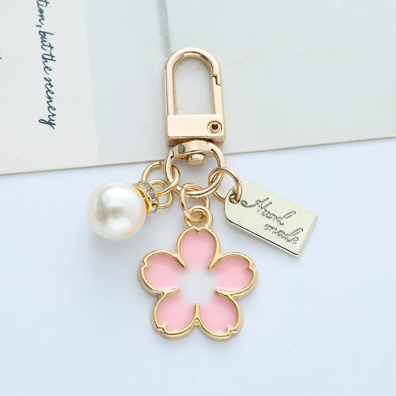 Sweet Cherry Blossoms Pearl Keychain for Women Girls Fashion Cute Gold Color Key Buckle Earphone Box Handbag Key Decoration Gift