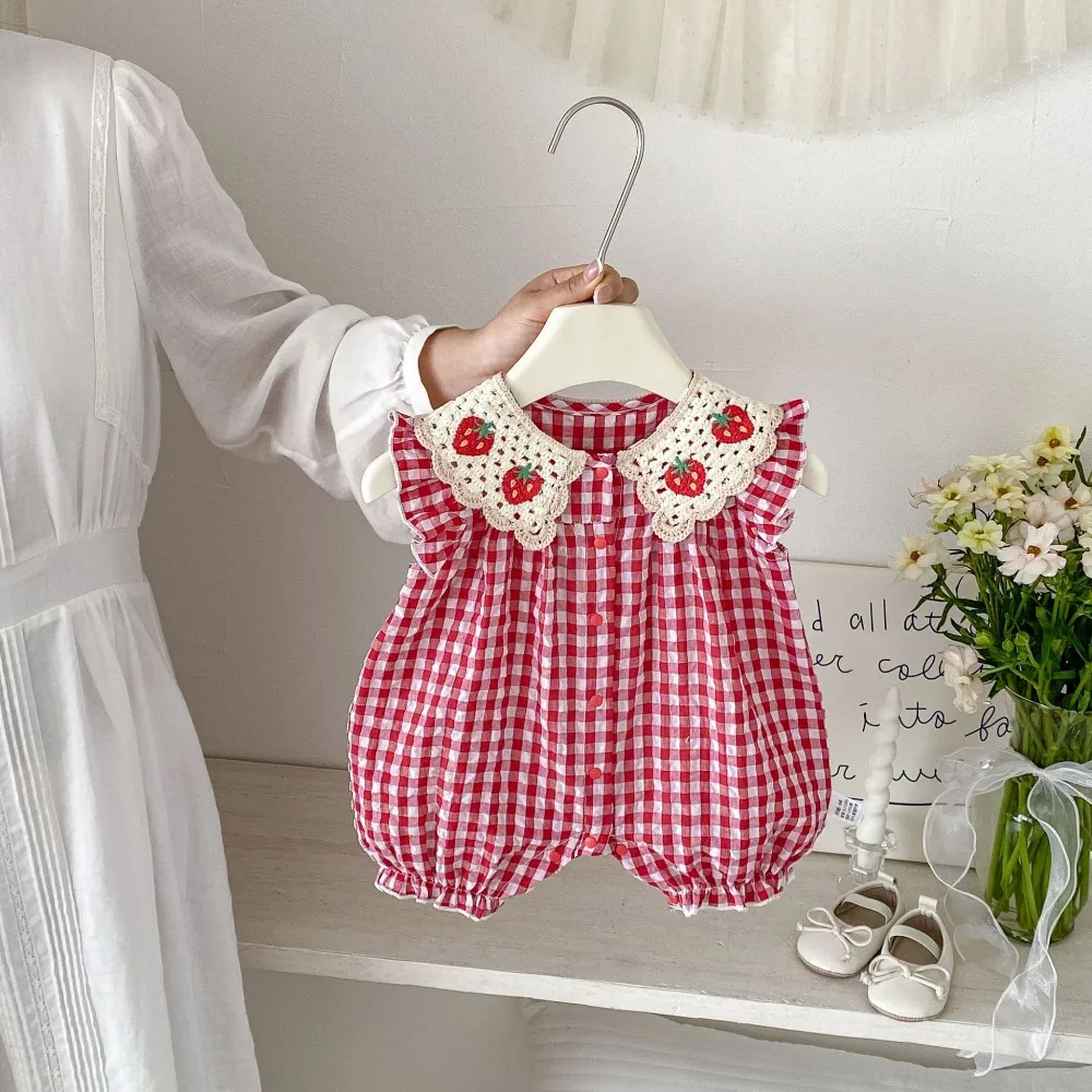 2026 Summer Baby Girl Romper 0-2Years Newborn Princess Fly Sleeve Strawberry Lace Collar Plaid Jumpsuit Outfits Sunsuit Clothes