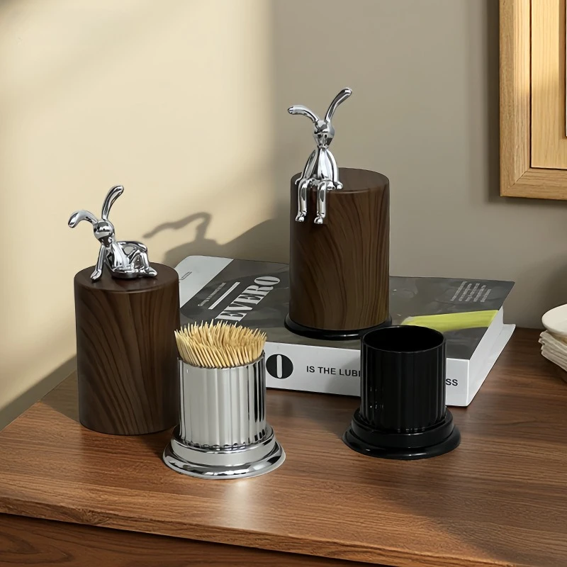 Imitation Wood Grain Rabbit Shape Toothpick Box Household High-appearance Dental Floss Swab Cans Portable Desktop Storage Box