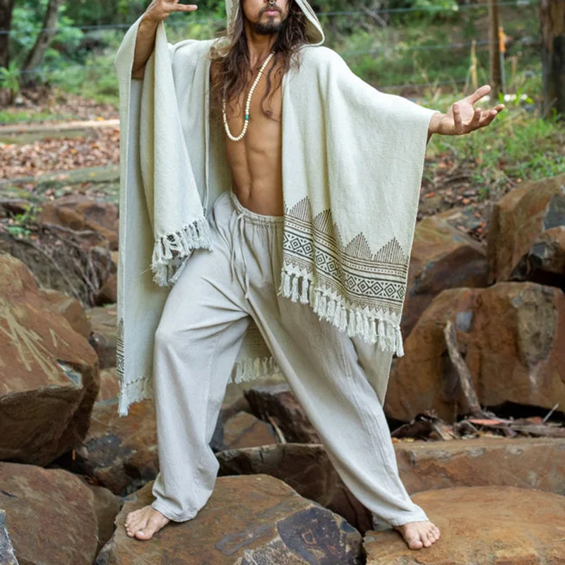 

2026 New Spring Summer New Men's Vintage Hooded Tassel Cape Coat Fashionable Jacket Shawl Pashmina Big Size Wraps Cloak