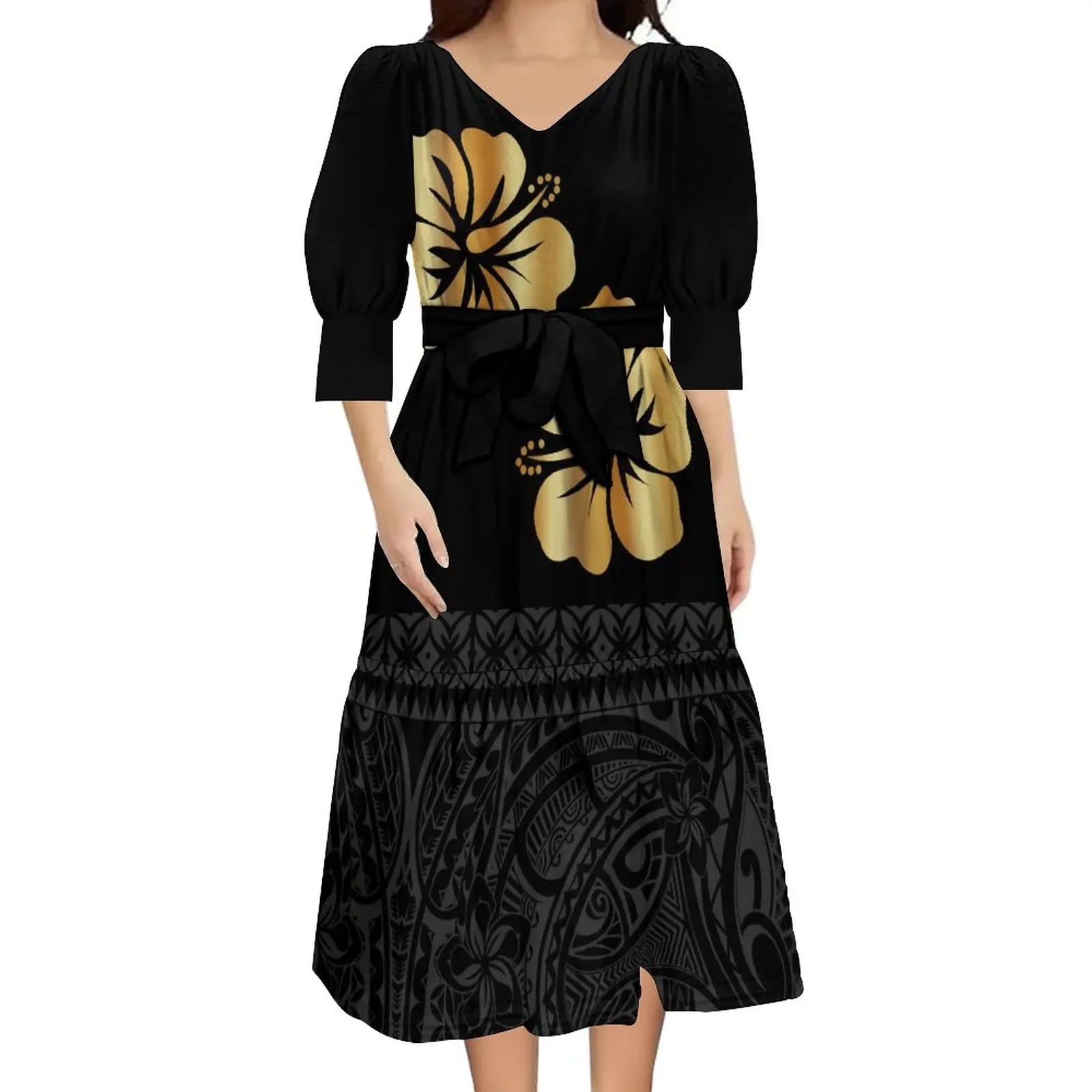 Support Your Design For Women V-Neck Dress Polynesian Tribal Print Midi Strap Mid-Sleeve Dress 6xl image 2