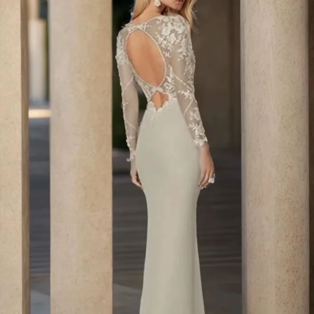 Customized Elegant Long Sleeves Scoop Neck Sheath Column Chiffon Mother of the Bride Dress Lace Appliques Wedding Party Dresses
