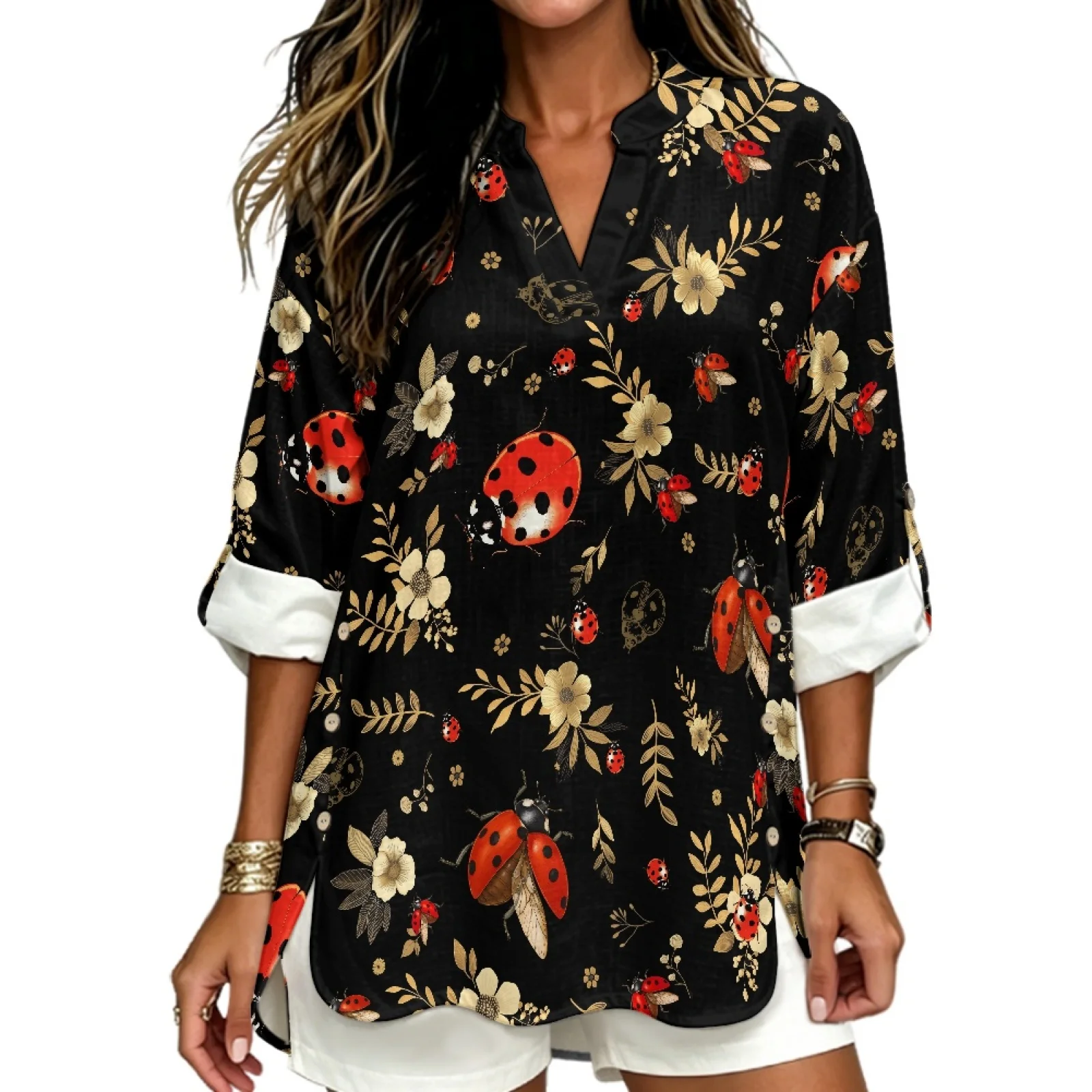 PENSTROLL Roll-Up Linen-Like Long Sleeve Blouse Breathable Tunic Tops for Resort Ladybug Floral