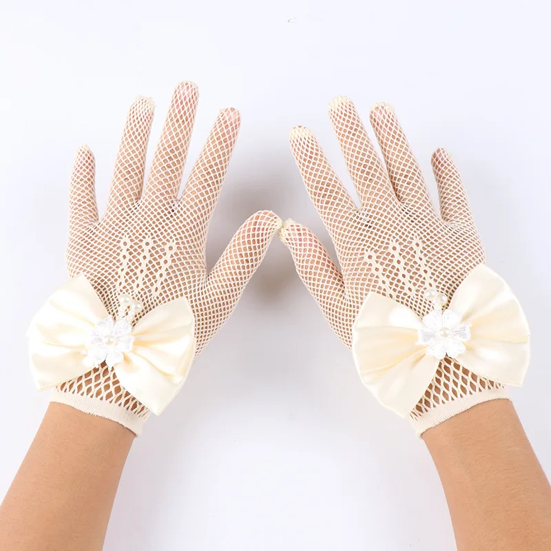 Gloves Kids Girls Polyester Lace White Bridal Wedding Princess Full Finger Fishnet Bow Stretch Lightweight Breathable