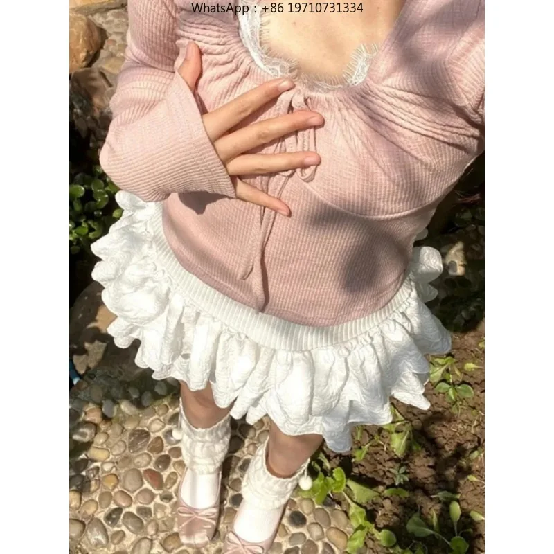 Kawaii Ball Gown Short Skirt Pleated Ruffles Layered High Waist Solid Mini Cake Skirts Lolita Girl Sweet Cute Elastic Waist