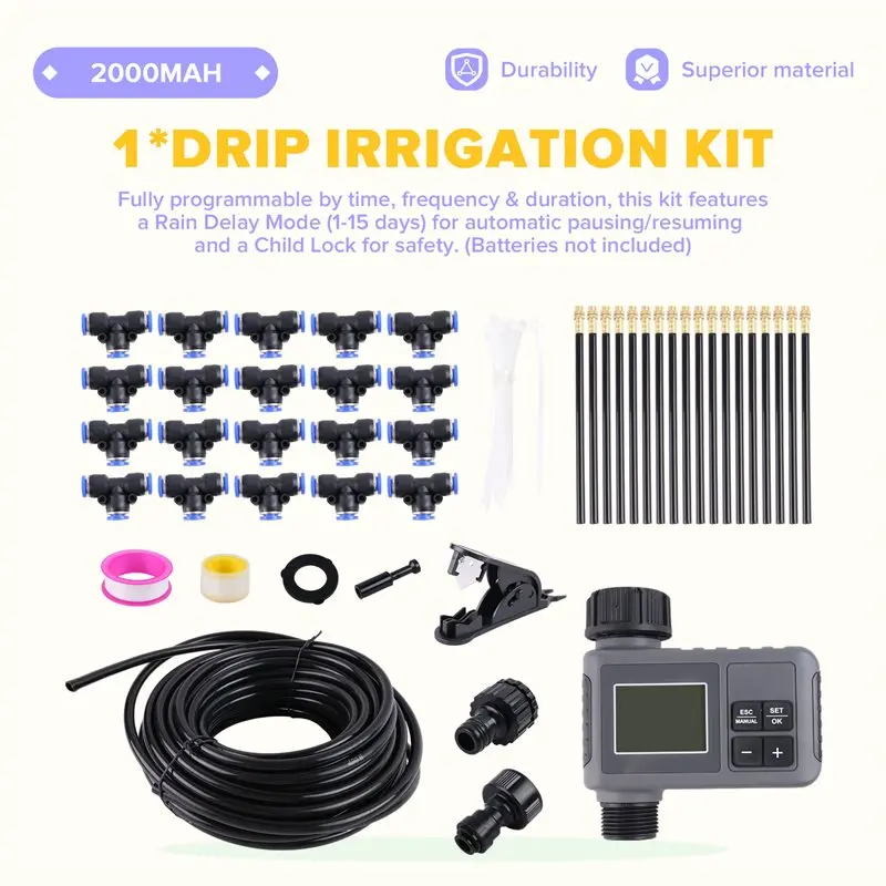 J1UL1N Smart Water Timer Drip Irrigation System 60 Feet, Solid Brass Connectors, 360° Adjustable Nozzles, Bendable Tubing