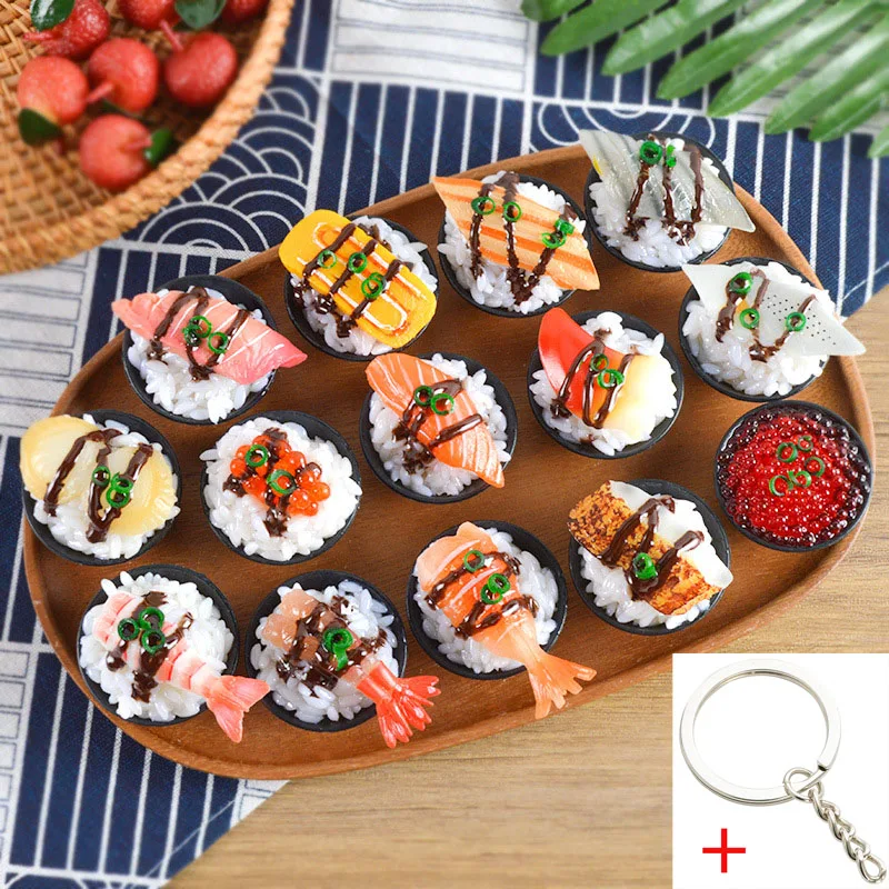 Simulation Sushi Rice Keychain Eel Shrimp Caviar Covered Rice Food Model Key Ring Car Bag Pendant For Men Women Jewelry Gifts