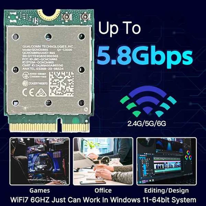 Wifi7 Tri Band QCNCM865 Bluetooth 5.4 Wireless Wifi Card Tri Band 2.4G/5G/6Ghz Network Wireless Adapter For Win11