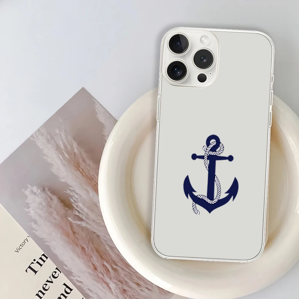 Nautical coral navy blue anchor wheel Phone Case for iPhone 12 11 13 14 15 16 Max Pro Plus Transparent Soft Shell