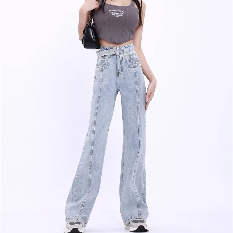 Light-colored straight loose jeans women 2024 spring and summer high-waisted thin design niche draped wide-leg flared pants