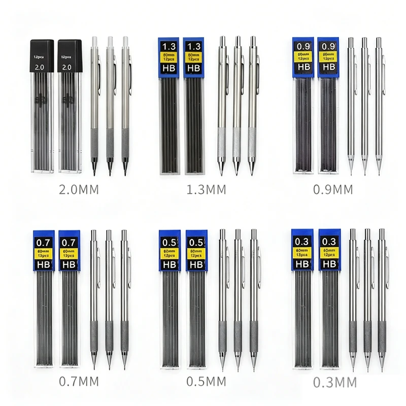 Full Metal Mechanical Pencil Set 0.3 0.5 0.7 0.9 1.3 2.0mm Art Drawing Automatic Pencil with Leads Office Kawaii School Supplies