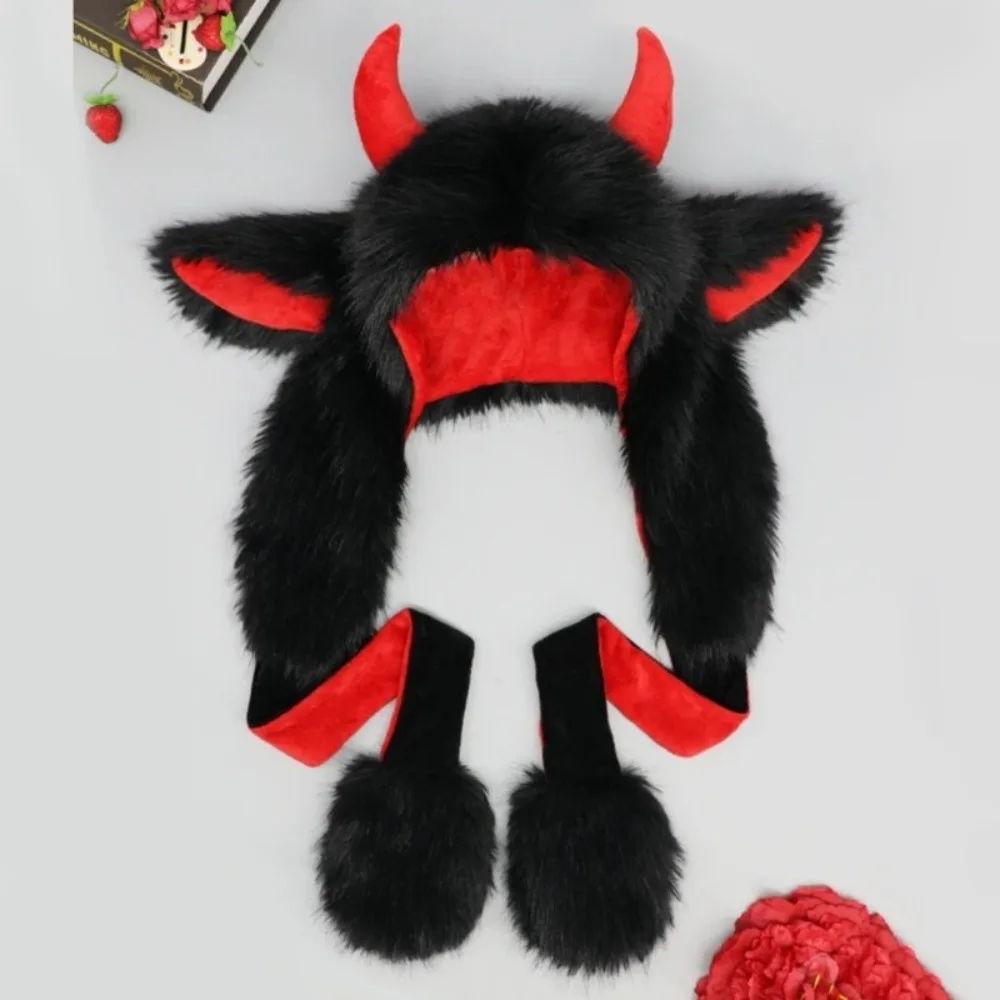 Alta calidad con cuernos de felpa Yak Ear Hat grueso y esponjoso Bullhead Hat a prueba de viento con capucha Skull Hat Unisex