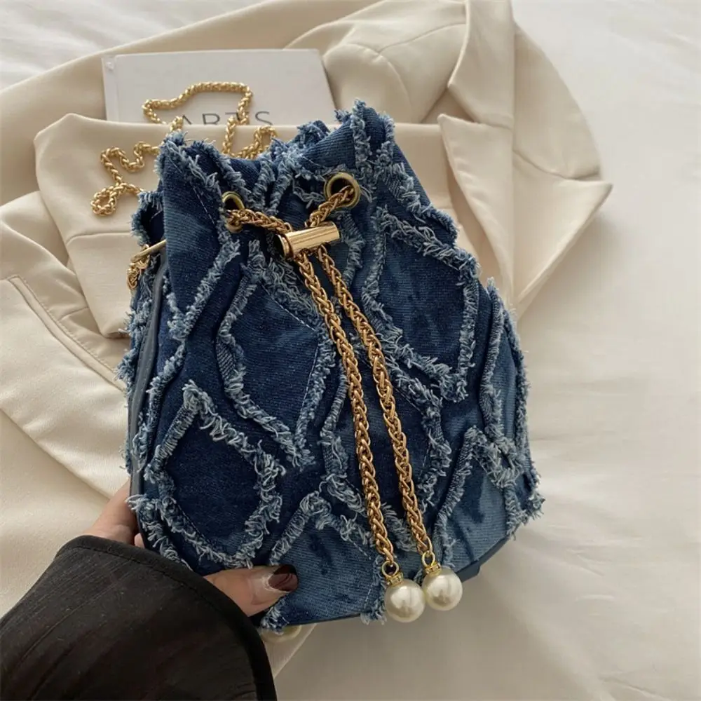

Mini Pearl Denim Bucket Bag Chain Handbag Tassel Denim Crossbody Bag Korean Style Small Purse Cloth Shoulder Bag Party