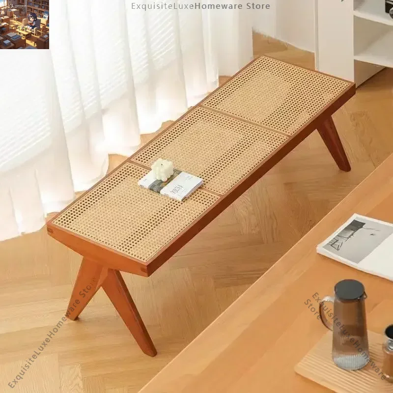 

Japanese Style Rattan Bench Chair for Home Solid Wood Dining or Relaxing Log Wooden Bench Seat with Rattan Weaving for Bed End