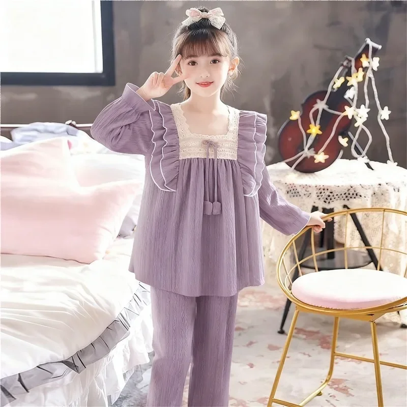 Kids Autumn Winter Princess Pajamas Set Thin Flannel Thermal Long Sleeve Pants Parent Child Matching Warmth