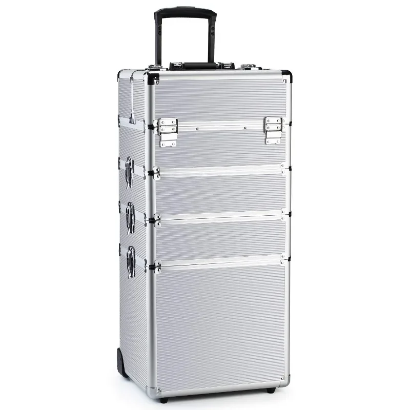 

Makeup Rolling Train Case 4-in-1 Professional Artist Trolley Cosmetic Organizer with 2 Wheels Durable Aluminum Frame