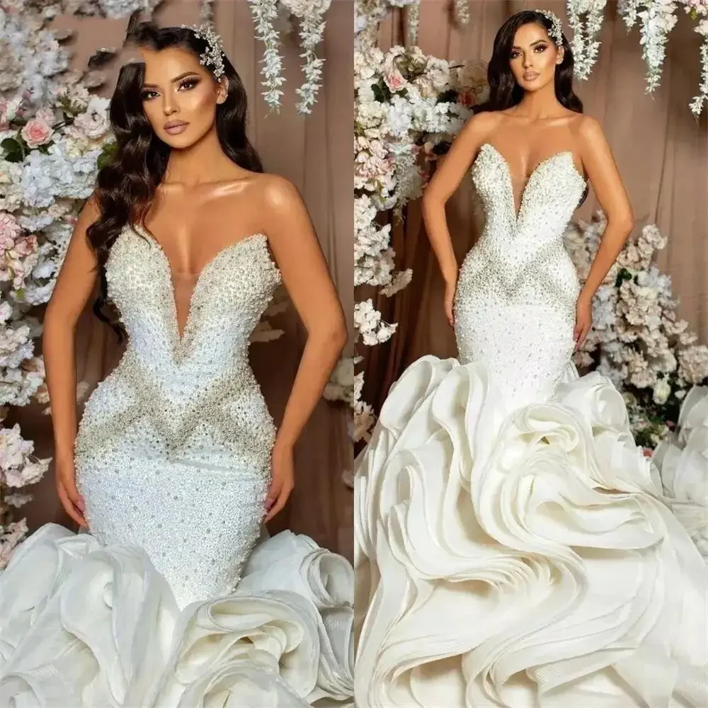

Customized Mermaid Wedding Dresses Strapless Ruffle Long Train Crystal Beaded Diamond Luxury Formal Bridal Gowns