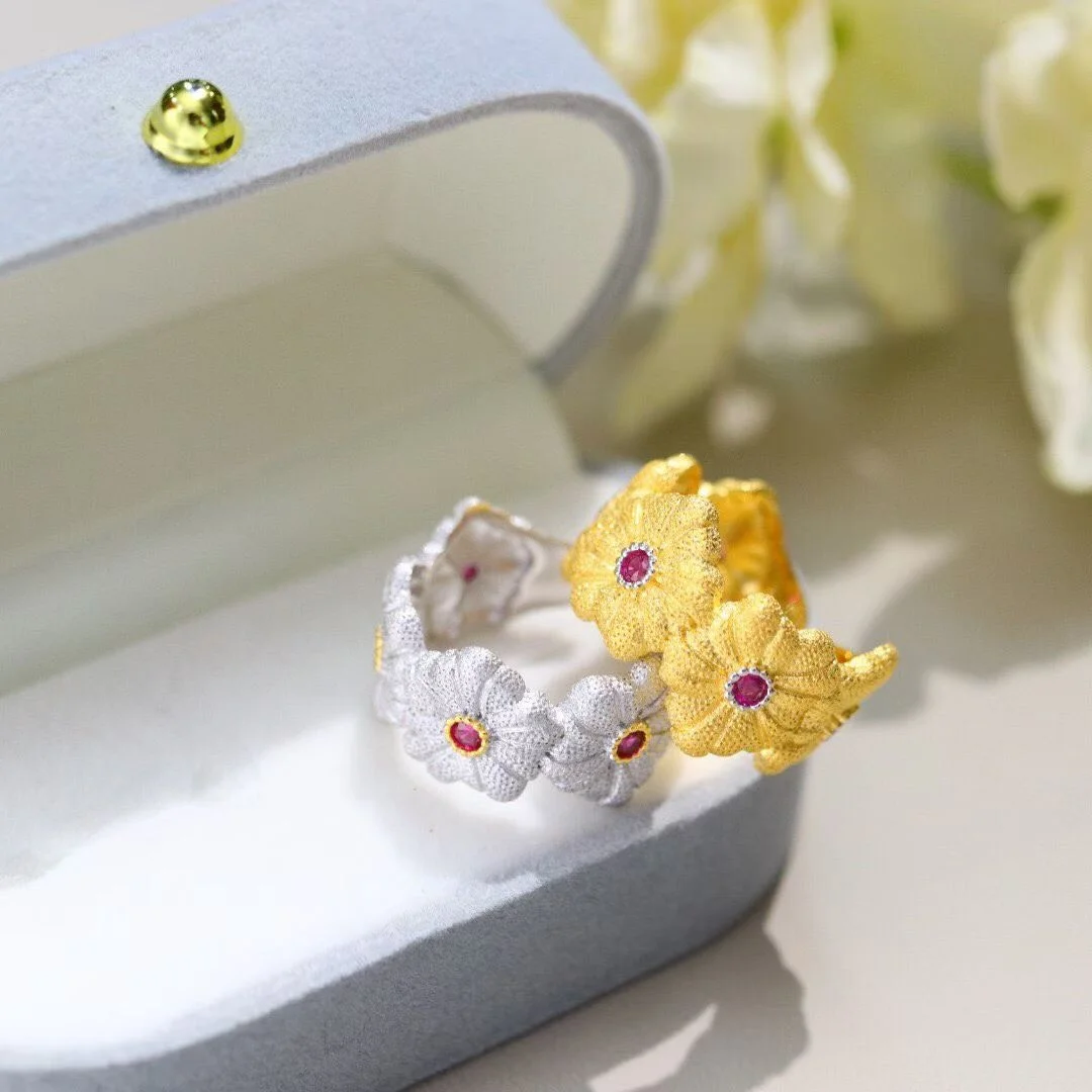 Luxury 925 Silver Real Red Gemstone Floral Open Ring Thick Gold Plated Hand‑Brushed Texture Chunky Band Vintage Couple Jewelry