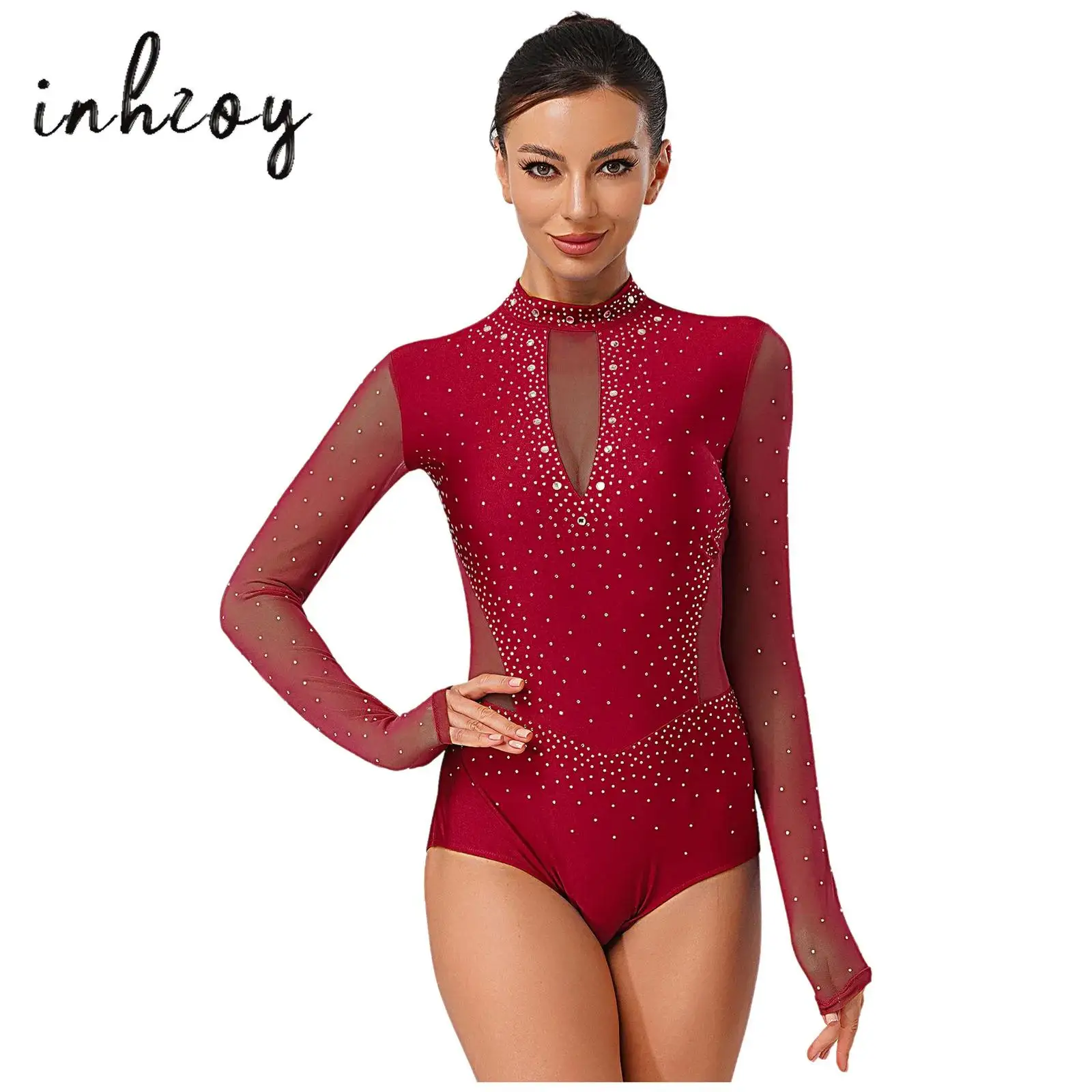 

Womens Gymnastics Figure Skating Leotard Long Sleeve Sheer Mesh Patchwork Glittery Rhinestone Bodysuit Ballet Athletic Dancewear