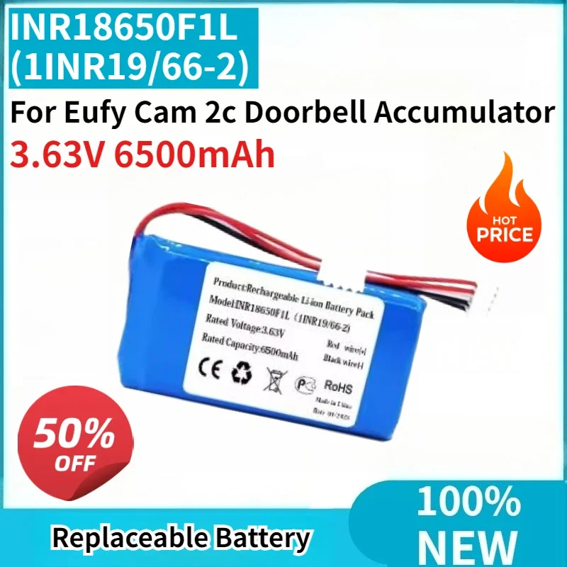 

Новый аккумулятор для дверного звонка 3.63V 6500mAh INR18650F1L (1INR19/66-2) для Eufy Cam 2c, сменная литий-ионная батарея с 5-контактным разъемом
