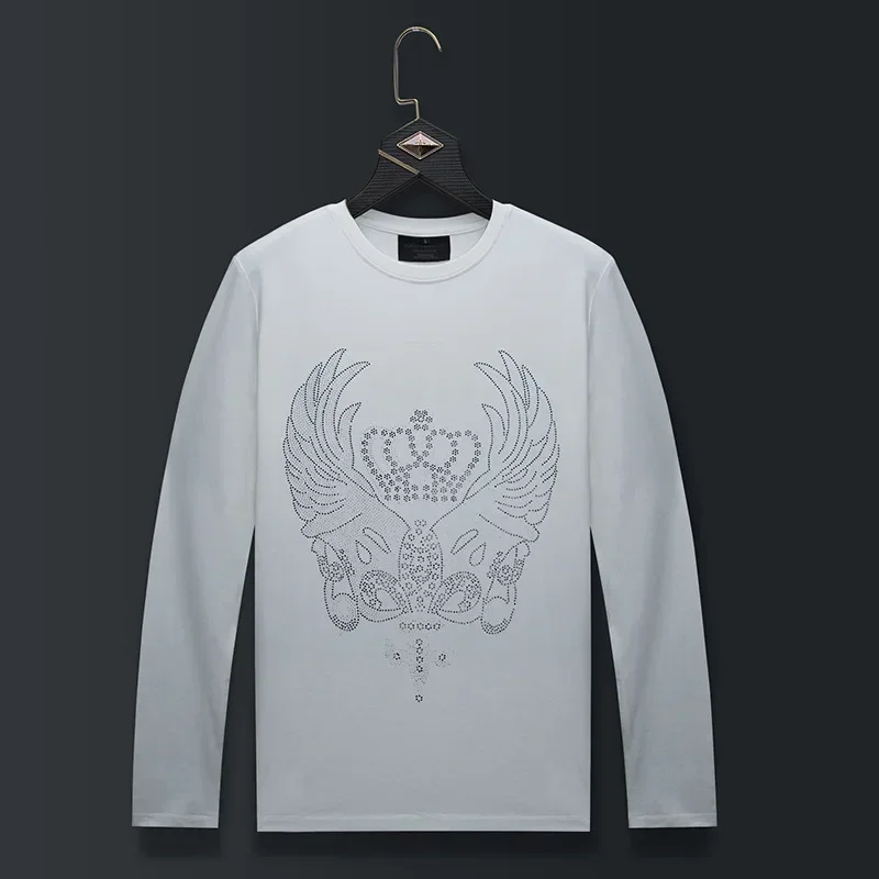 Plus Size O Neck Long Sleeve T Shirts Men Crown Pattern Rhinestones Fashion Streetwear Slim Modal Cotton Tshirts Mens Clothing