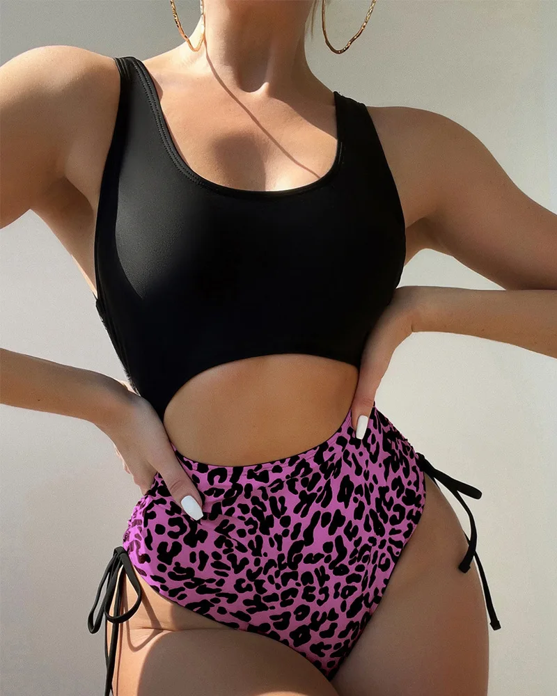 Leopard Swimsuit One Piece Sexy Cut Out Swimwear Women 2023 Patchwork Bathing Suit Drawstring Bodysuit Tie Side Monokini