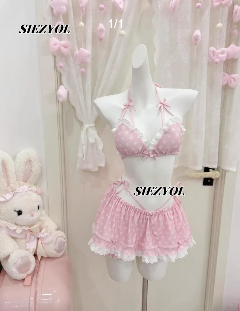 Japanese Two-dimensional Summer Beach Sexy Bikini Set Sweet Cute Girl Printed Bow Lace Neck Swimsuit Fashion Swimwear