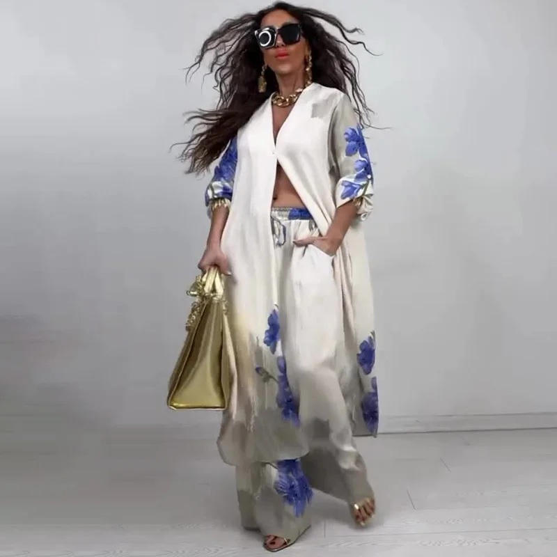 Ensemble 2 pièces musulman pour femmes, manteau Long, Robe, pantalon à jambes larges, imprimé, simple boutonnage, tenues arabes dubaï Islam 2025, 2025