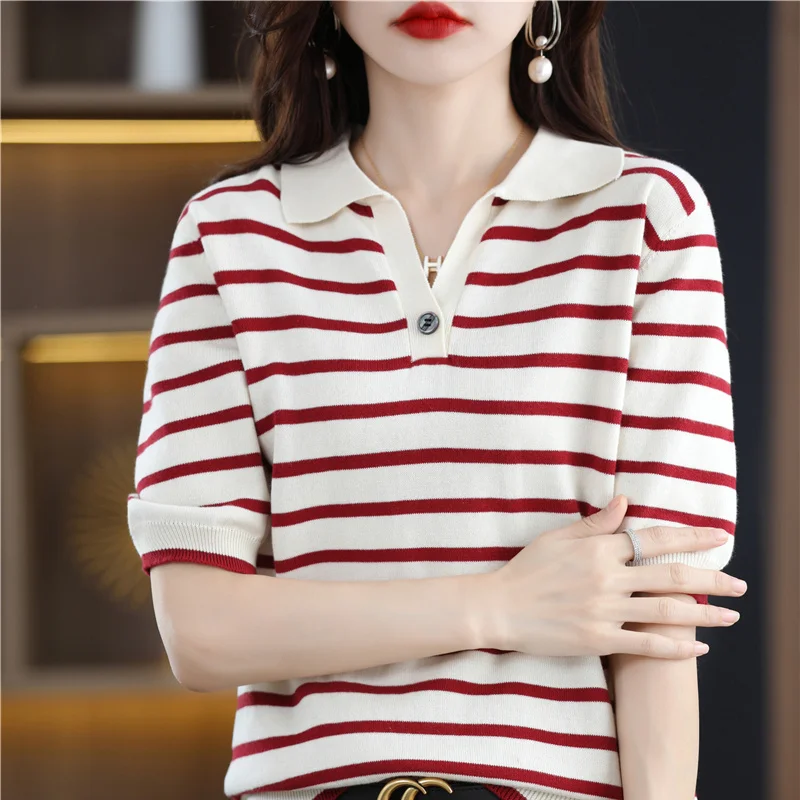 DjzDsm100% cotton thread knitted short sleeve T-shirt striped top Loose POLO neck ladies top 2024 summer new model