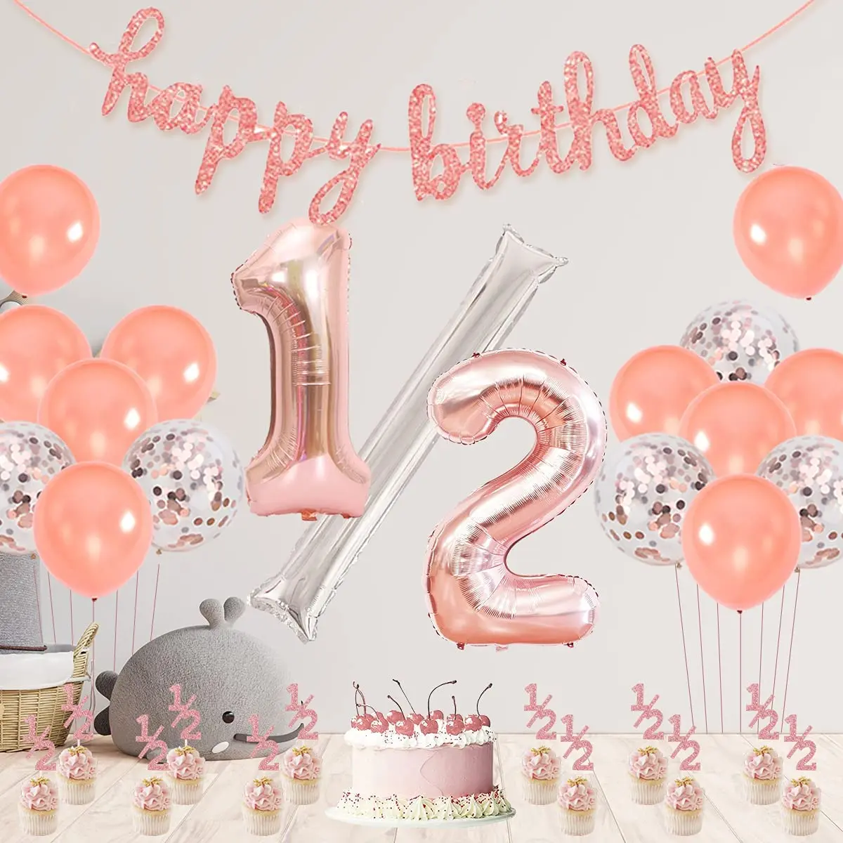 Half Birthday Decorations for Girls Rose Gold 1/2 Cake Topper Balloons Happy Birthday Banner 6 Months Birthday Party Supplies