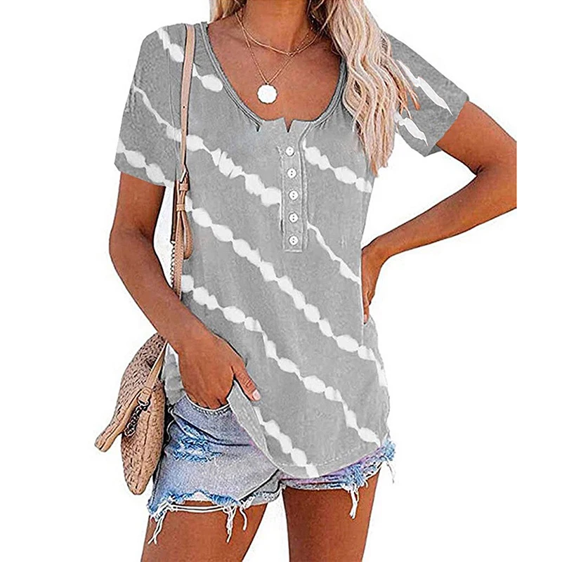 

Casual Oversized Shirt Women Fashion Striped Gray Round Neck Tees Summer Short Sleeve Button Tops Streetwear Blouses Black 5XL