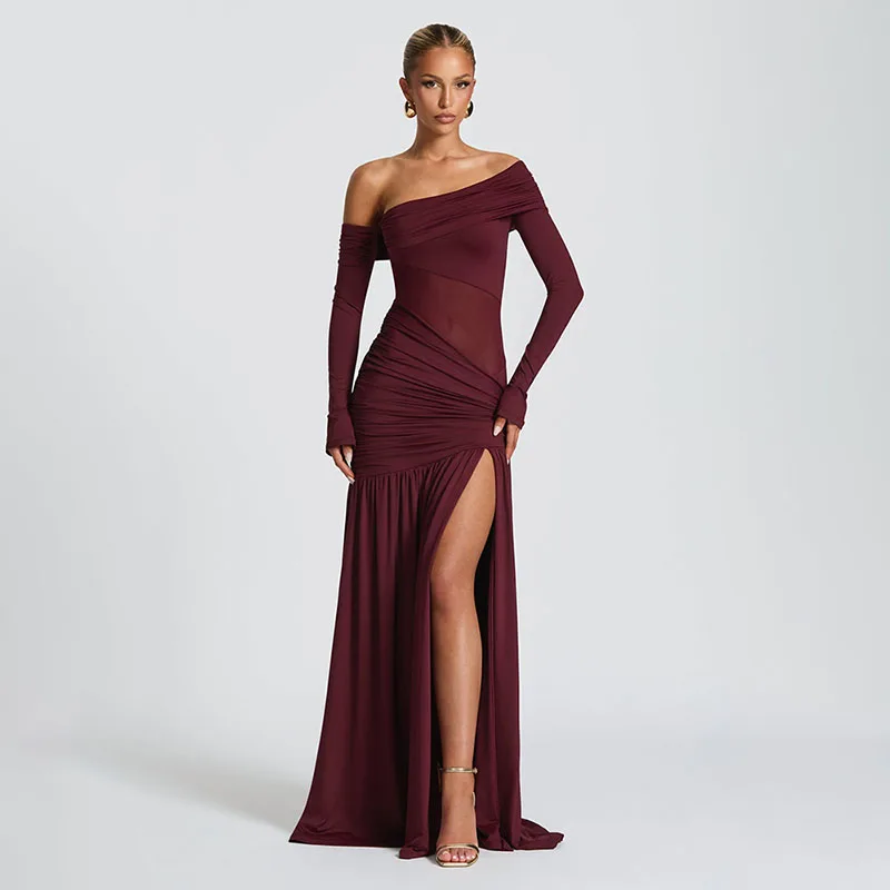 ZHIO Neues Kleid mit schrägem Kragen und langen Ärmeln, sexy schulterfreies Maxikleid mit seitlichem Schlitz, elegantes rückenfreies enges langes Clubkleid für Damen – Detail 5