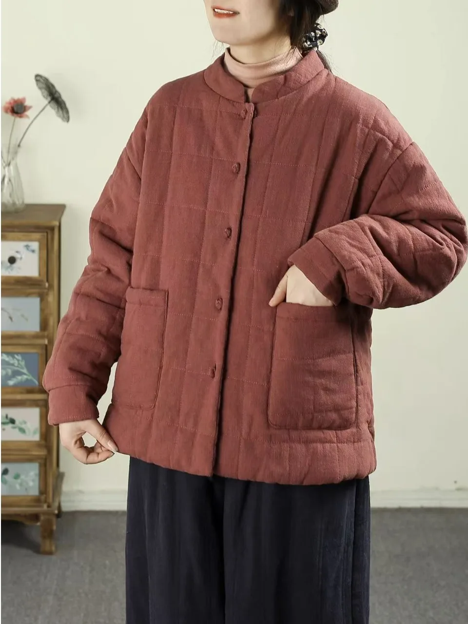 Warm Cotton Jaet Retro Sle Stand Collar Buttoned Coat Thiened Winter Outerwear for Women Brand Label Removed