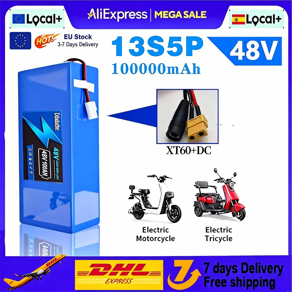 Image of 18650 48V 100000MAh wiederaufladbare Lithiumbatterie 13S5P mit integriertem intelligentem BMS für 500-1000W Motoren +54,6V Ladegerät