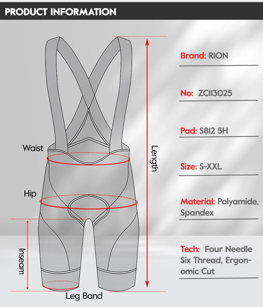 RION Herren Radsport-Trägerhose Gepolsterte Tights Rennrad MTB Fahrradbekleidung Atmungsaktiv 5H Reithose Hyosung Creora Elastan – Detail 2